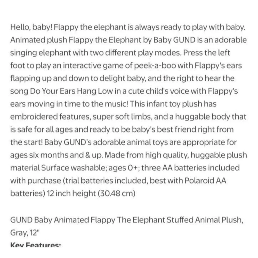GUND Baby Animated Flappy The Elephant Stuffed Animal Plush Gray 12